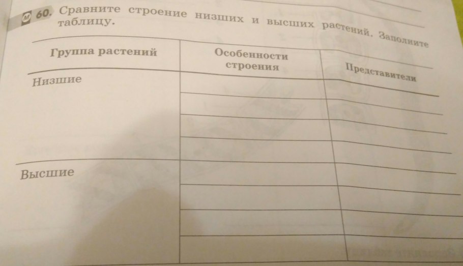 Сравнение низших и высших растений таблица