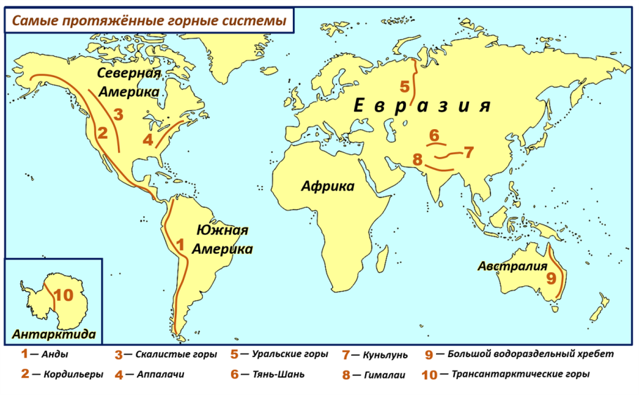 Крупнейшие горные системы мира на карте