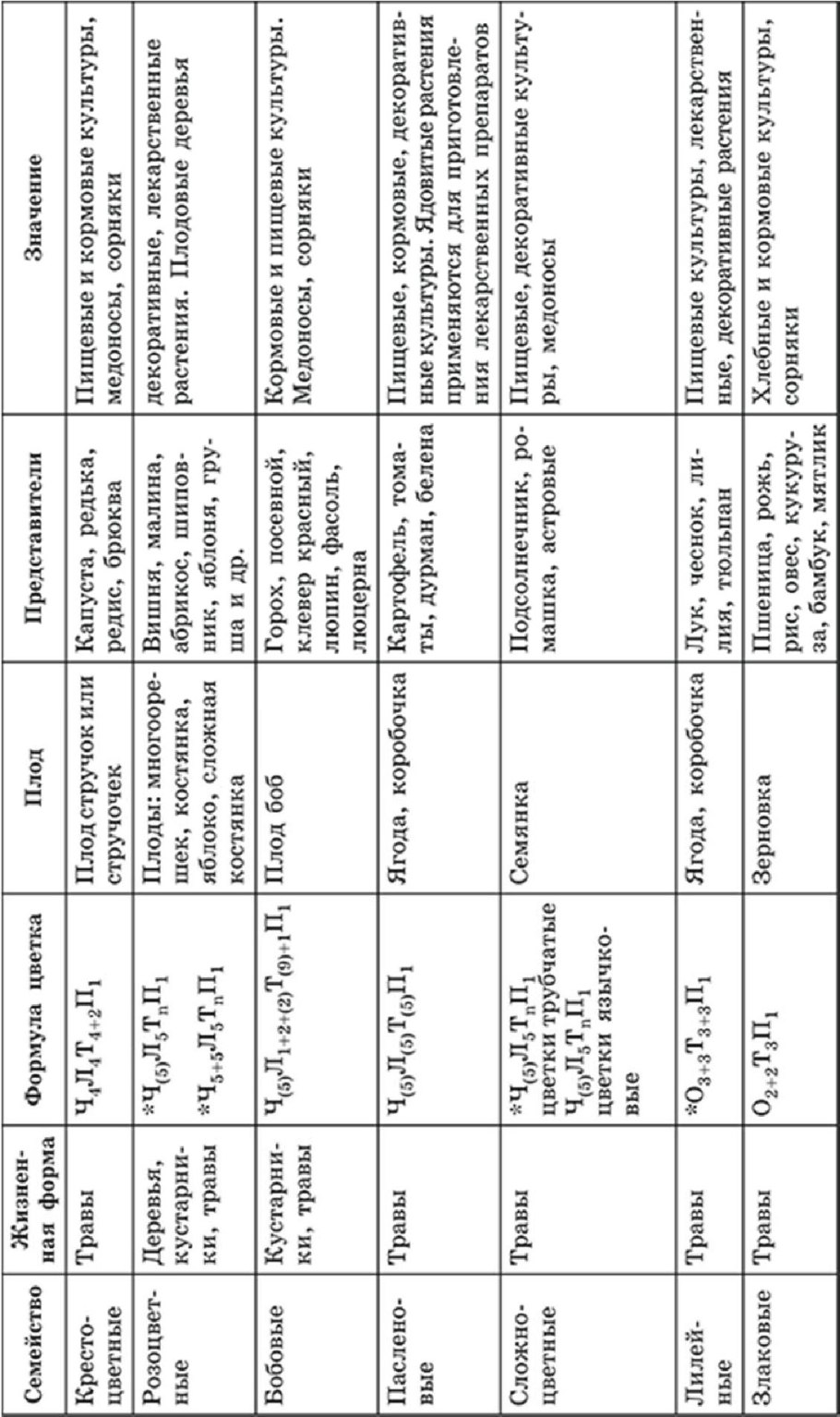 Характеристика семейств покрытосеменных растений таблица