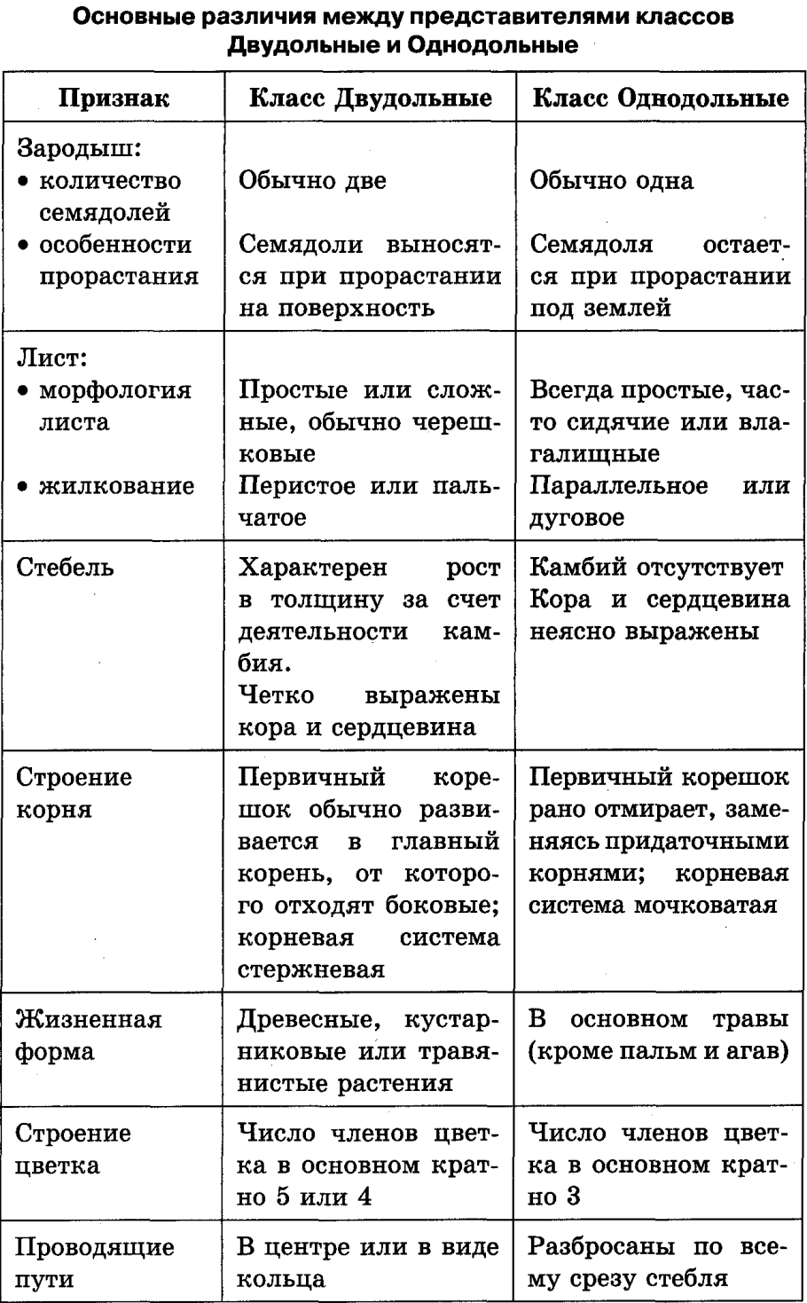 Характеристика классов цветковых растений таблица