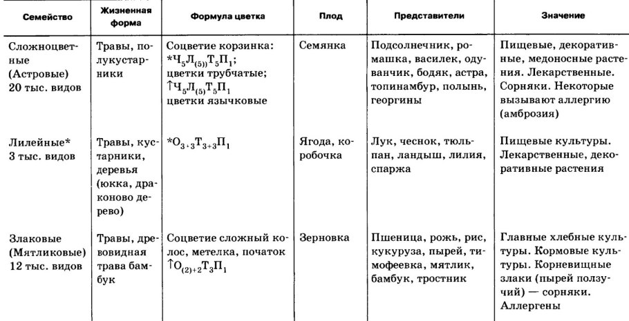 Таблица семейство жизненная форма формула