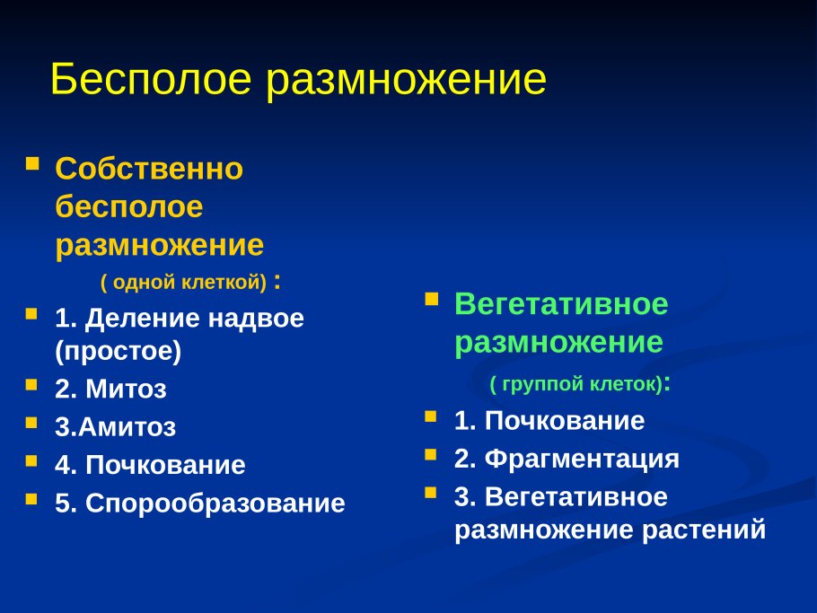 Виды бесполого размножения характеристика представители таблица