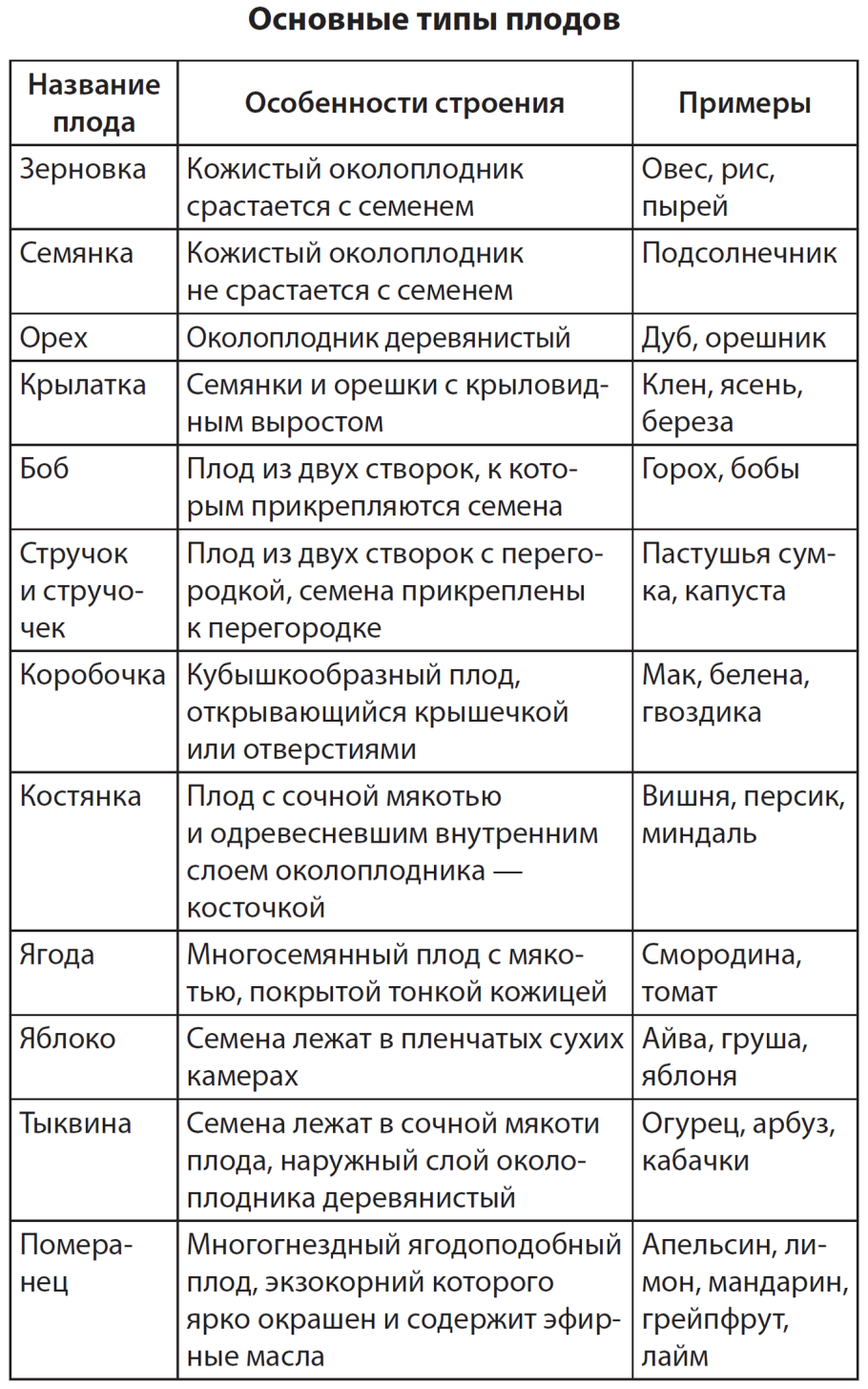 Биология классификация плодов таблица
