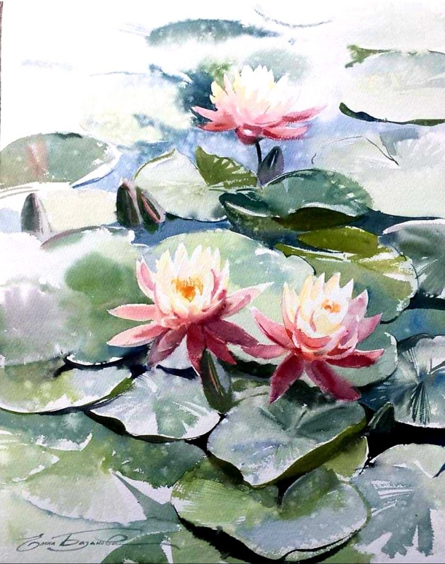 Лягушка акварель в кувшинках