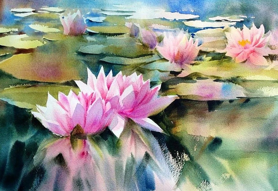 Кувшинки акварелью