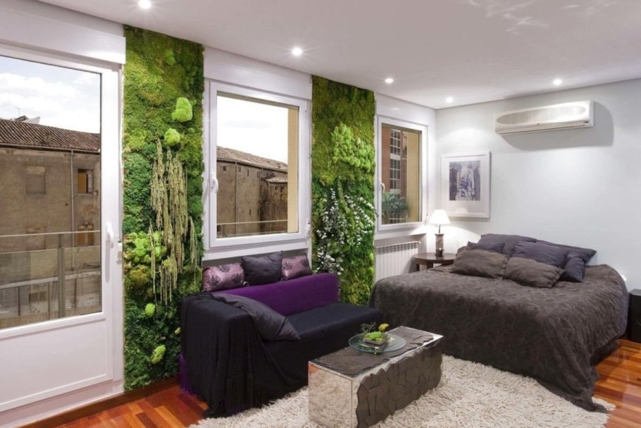 Экостиль в гостиной с фитостеной