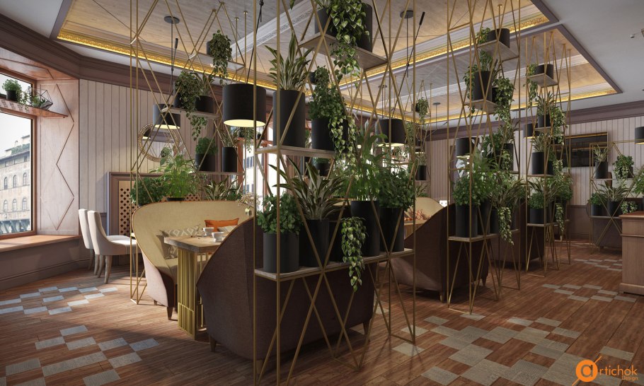 Интерьер кафе с растениями