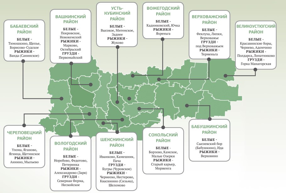 Грибные места Вологодской области на карте