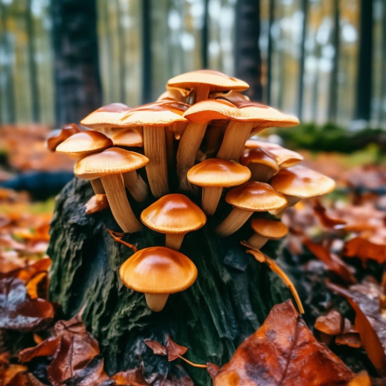 Грибы опята на пеньке