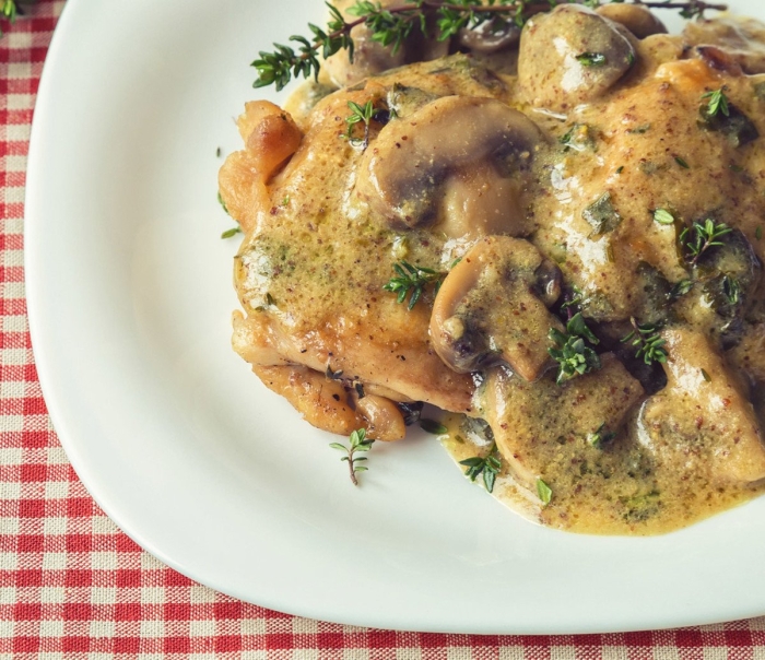 Филе курицы с грибами в сливочном соусе на сковороде