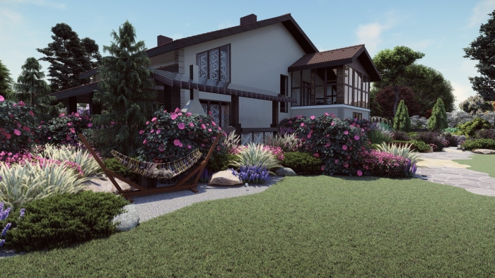 Красивые участки загородных домов с ландшафтом