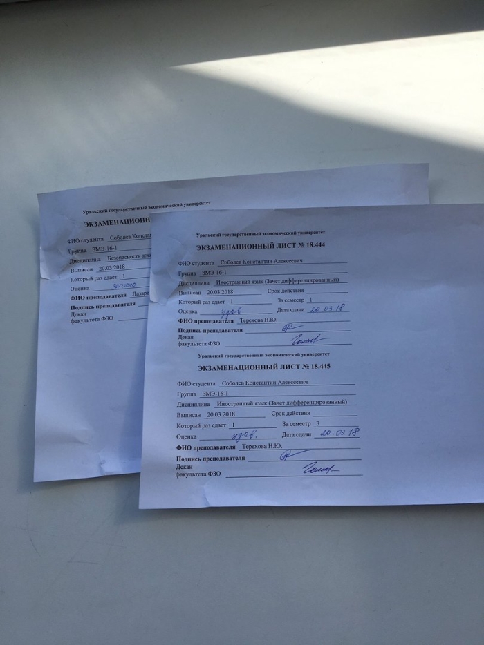 Экзаменационный лист института